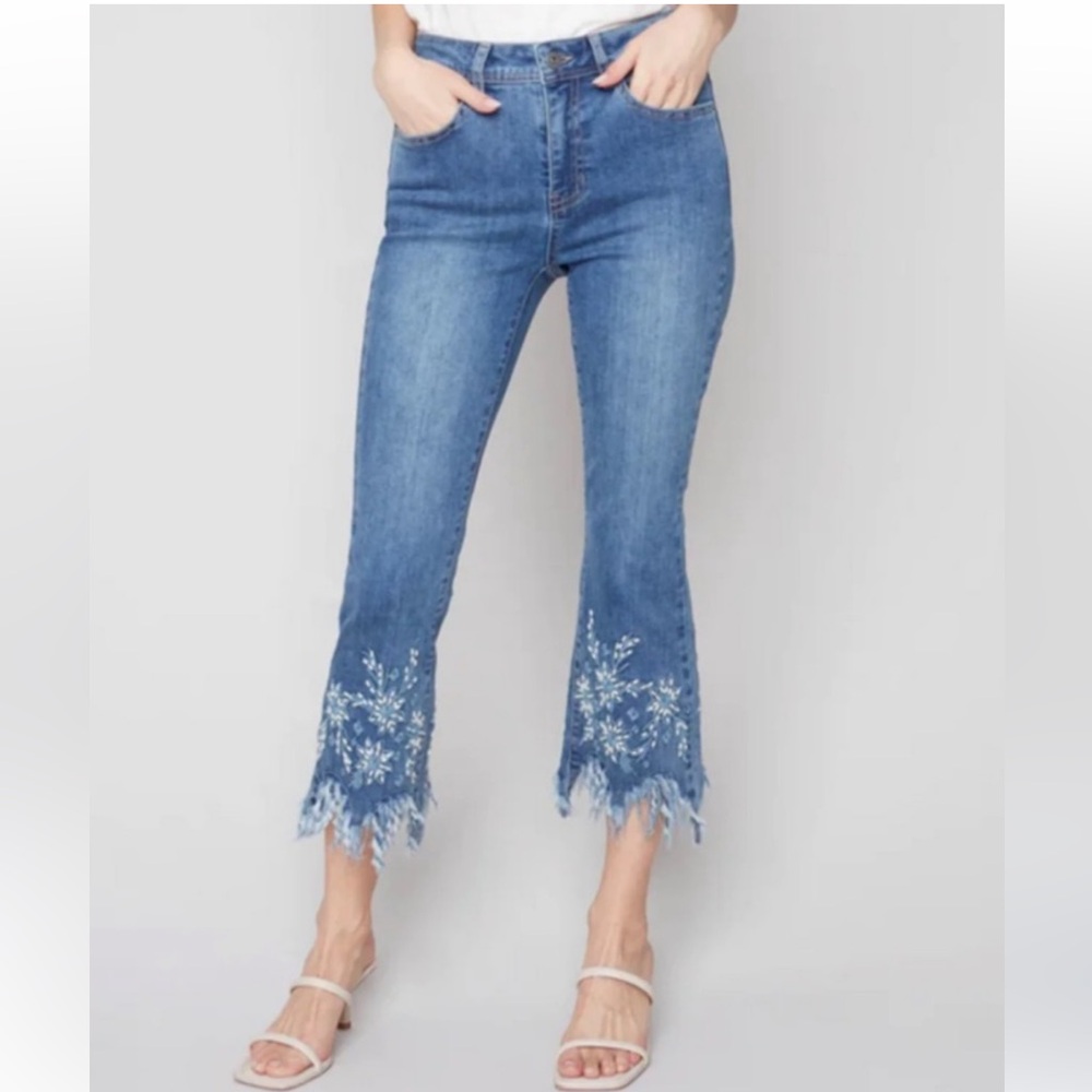 Charlie B Floral Embroidered Feather & Pearl Hem Cropped Jeans